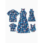 Family Matching Vacation Set Tropical Floral Print Shirt or Halter Dresses for Dad, Mom, Kids & Baby, Perfect for Summer Holidays & Family Photos Deep Blue