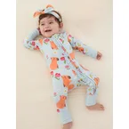 Bamboo Baby Boy/Girl Animal Printed 2-Way Zipper Anti Slip Long-sleeve Footie with/without Hairband Turquoise