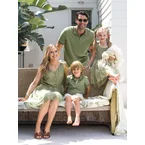 Family Matching Polo Collar Short-sleeve Shirt or V-neck Strappy Mesh Dress  Green